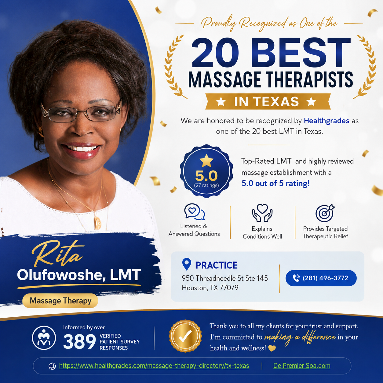 Healthgrades — One of the 20 Best Massage Therapists in Texas — Rita Olufowoshe LMT, De Premier Spa Houston TX