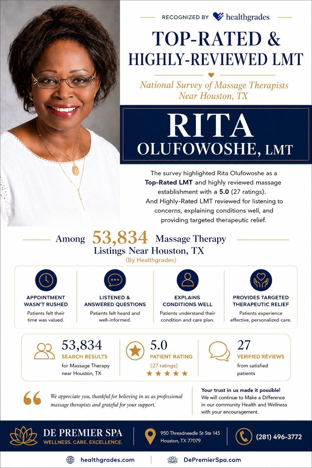 Healthgrades Top-Rated and Highly-Reviewed Massage Therapist — Rita Olufowoshe LMT, Houston TX